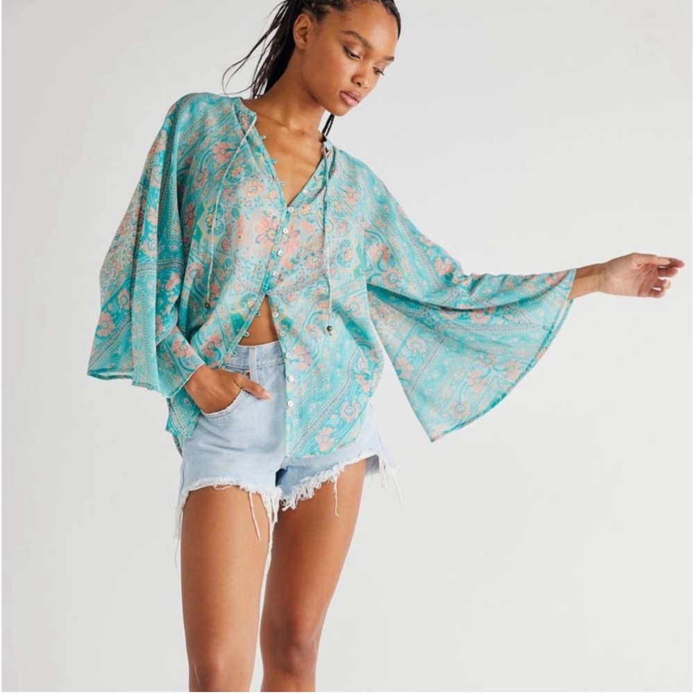 Spell Turquoise Farrah Blouse with Flowing Sleeves